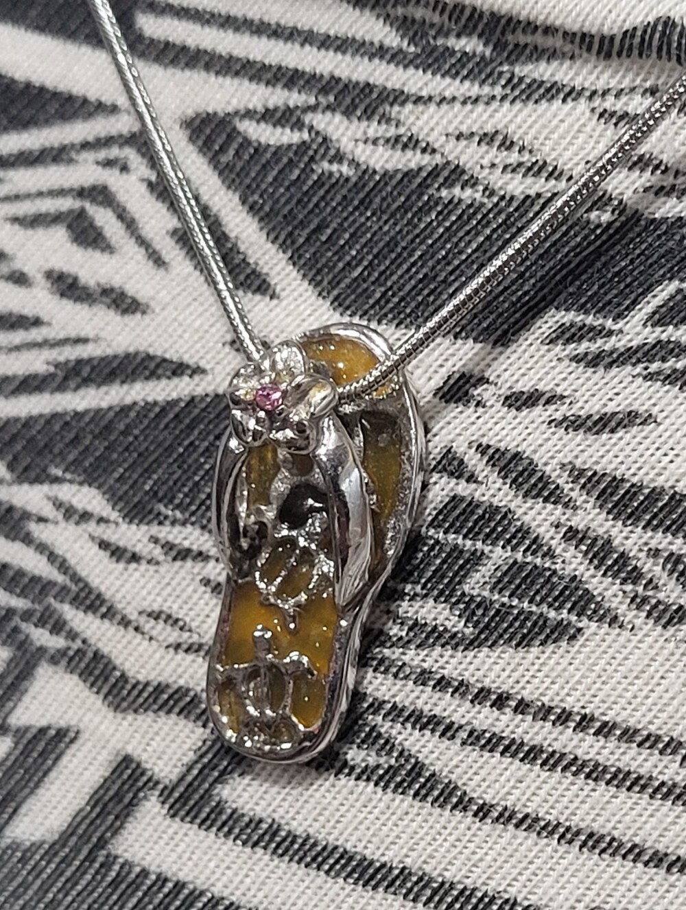 Silver Flip-Flop Pendant Necklace with Turtle Soles and Plumeria Flower
